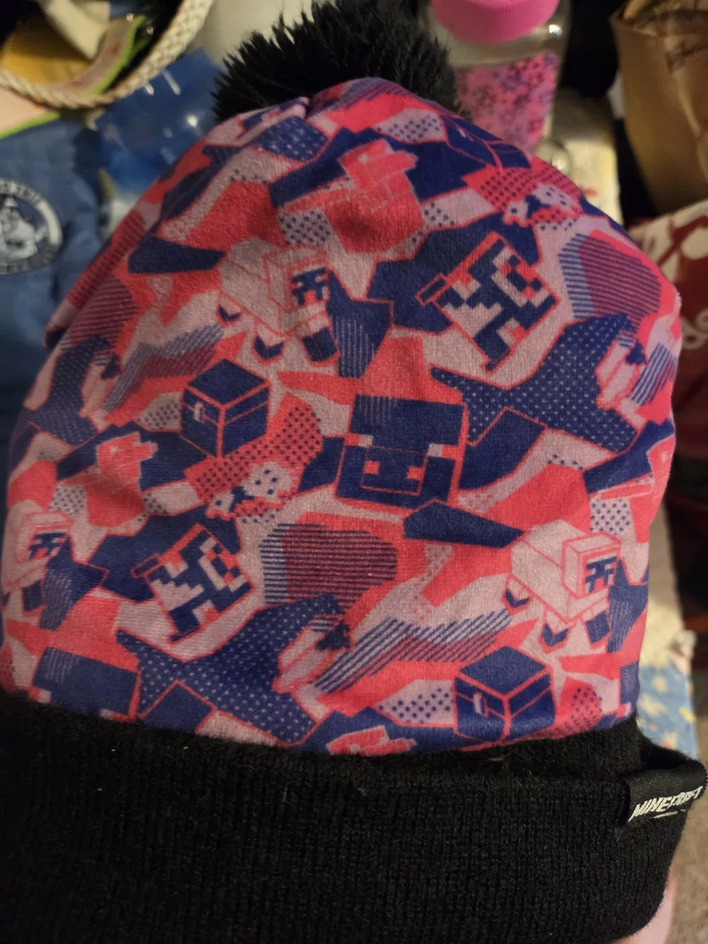 Minecraft Pink & Blue Pom-Top Beanie with Black Cuff 15+ Teen/Adult
